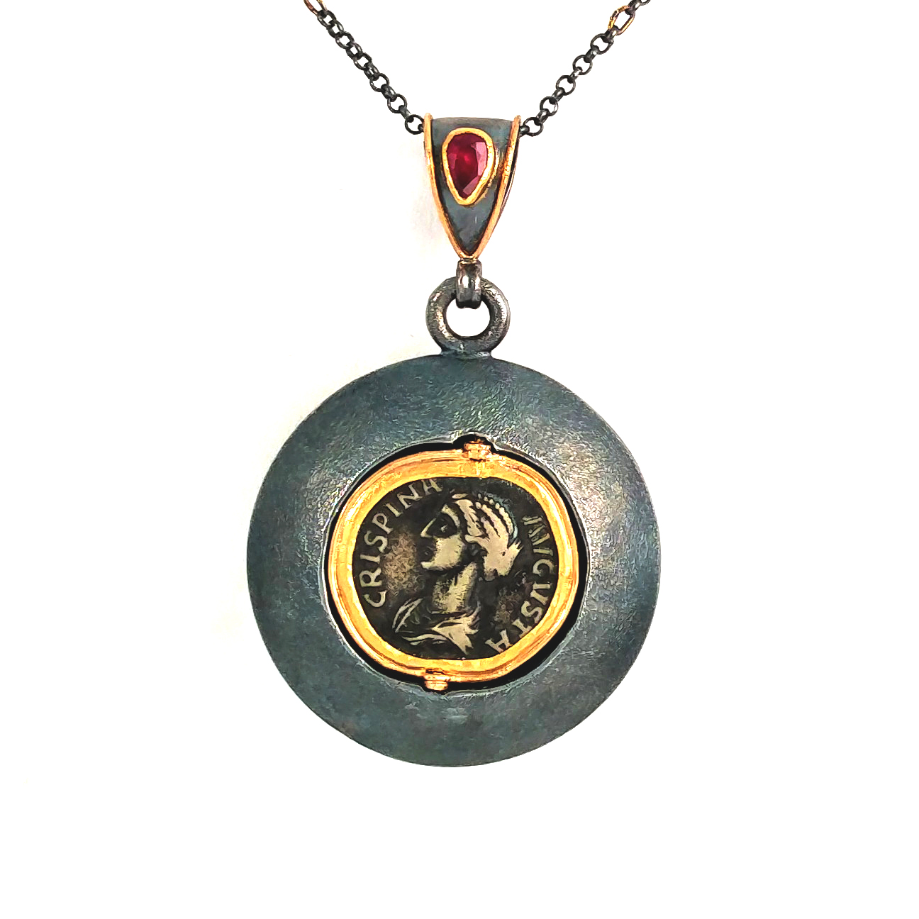 handmade flip coin pendant with ruby