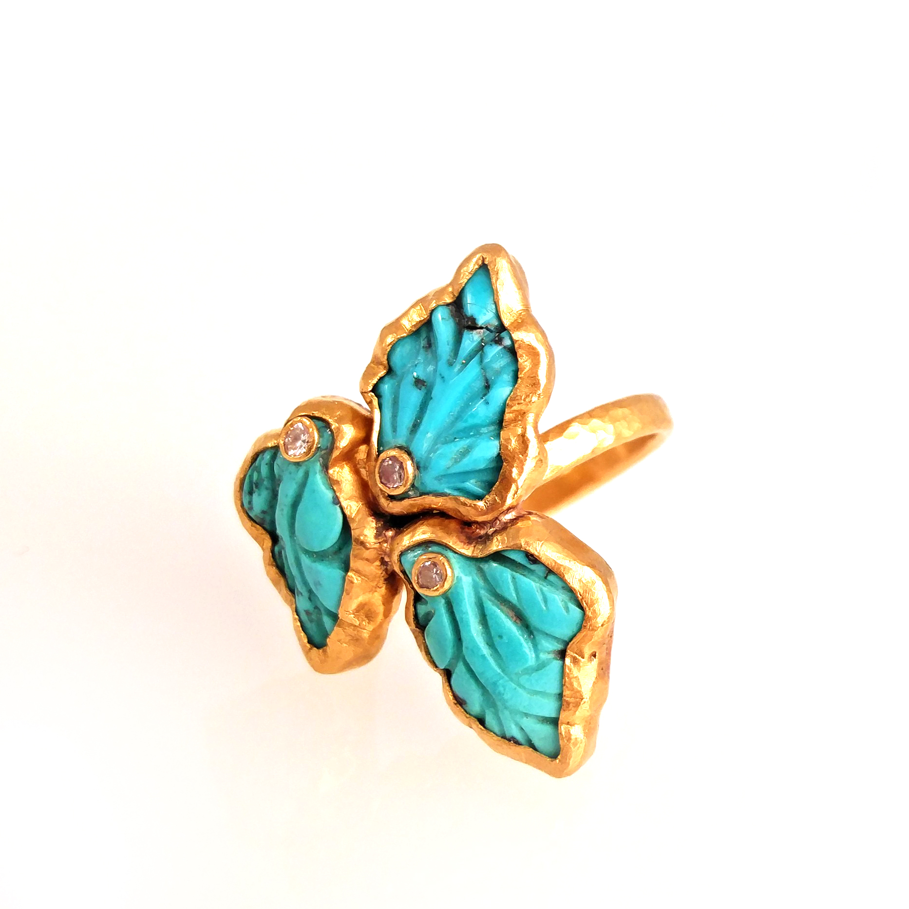 turquoise leaf 24k pure gold ring with diamond hand crafted
